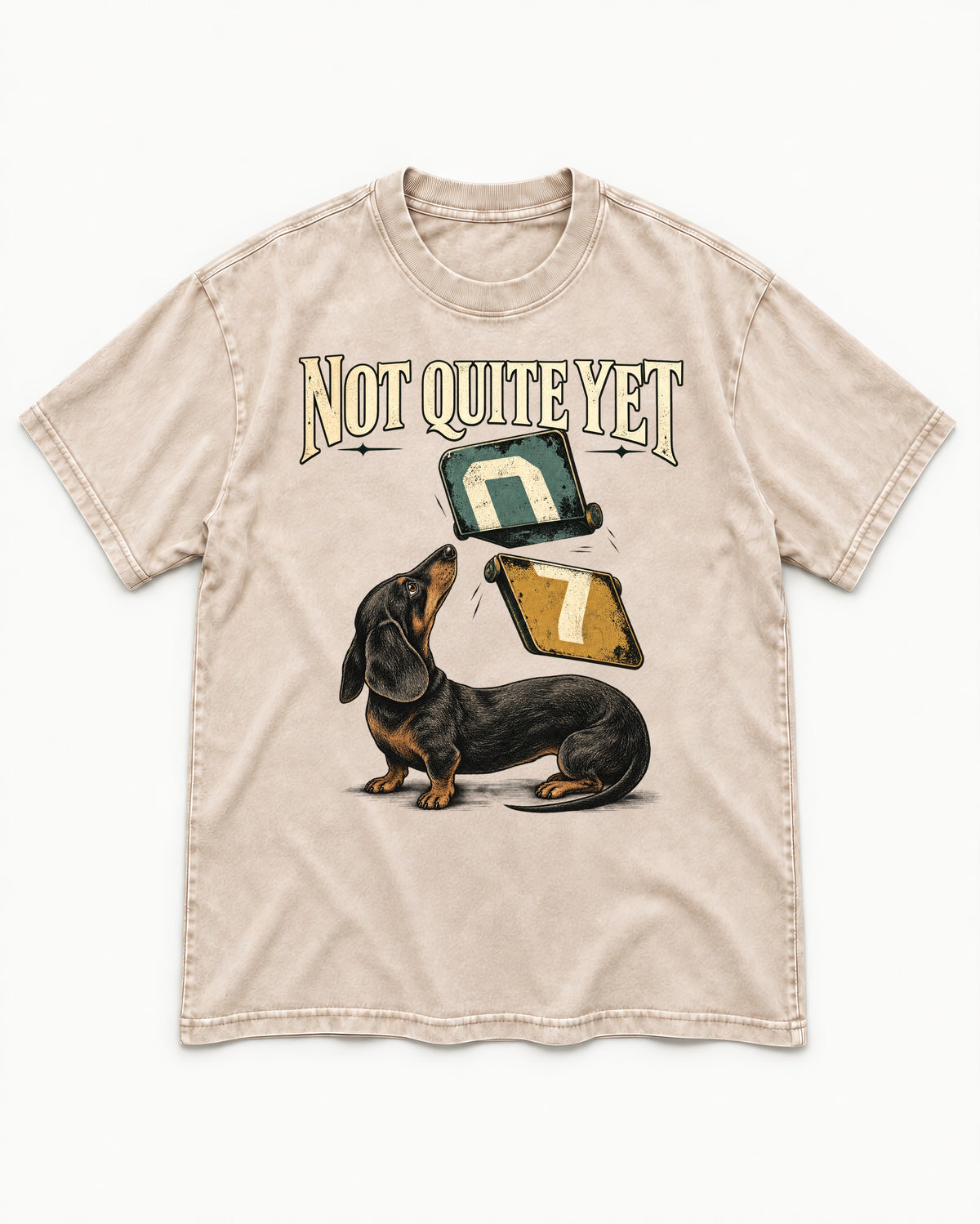 Not Quite Yet Dachshund Washed Tee in Apricot, flat lay product photo