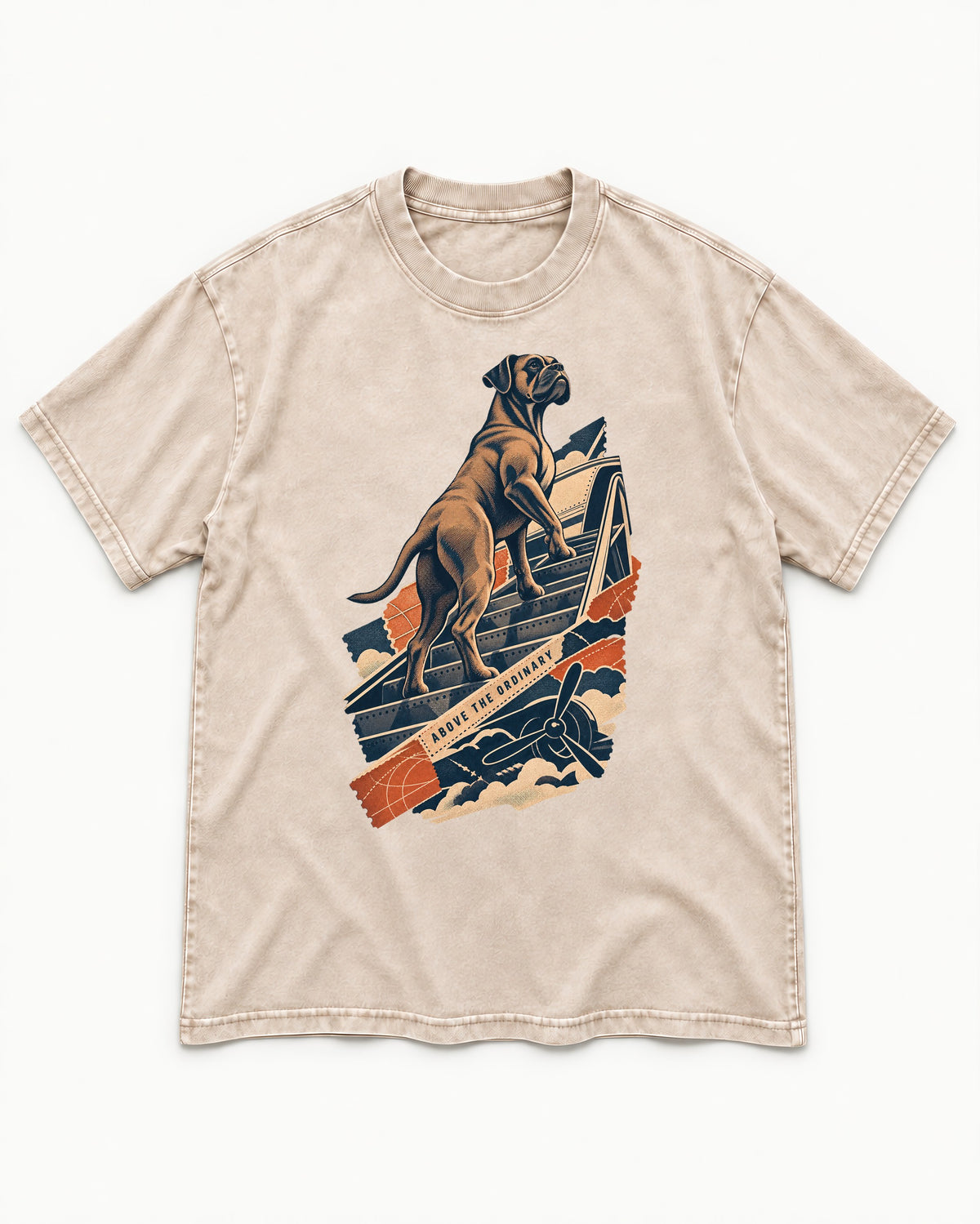 Above the Ordinary Boxer Aviation Graphic Washed Tee in Apricot, flat lay product photo