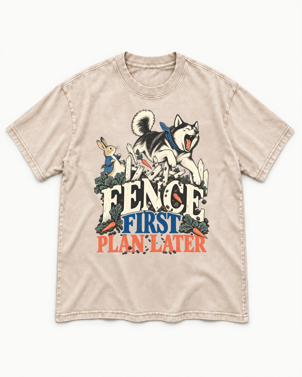 Husky Fence First Plan Later Garden Escape Graphic Washed Tee in Apricot, flat lay product photo
