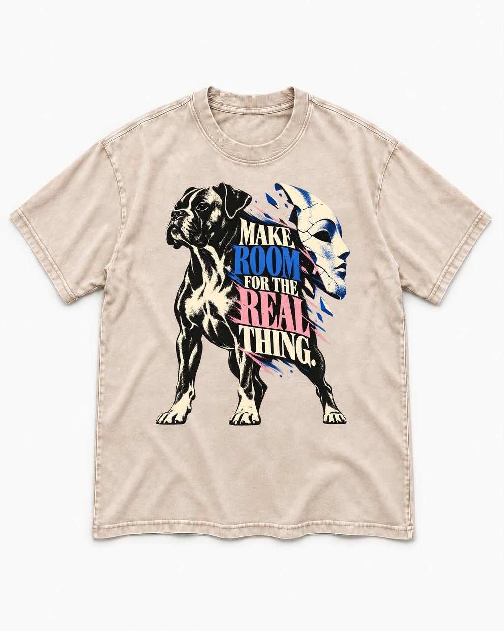 Make Room for the Real Thing Boxer Broken Mask Graphic Washed Tee in Apricot, flat lay product photo