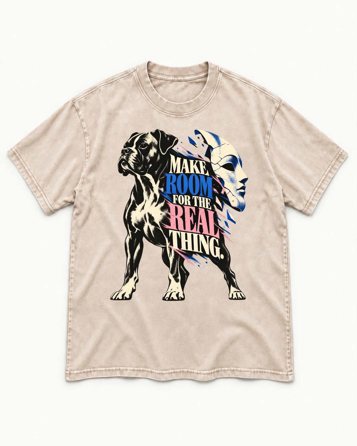 Make Room for the Real Thing Boxer Broken Mask Graphic Washed Tee in Apricot, flat lay product photo