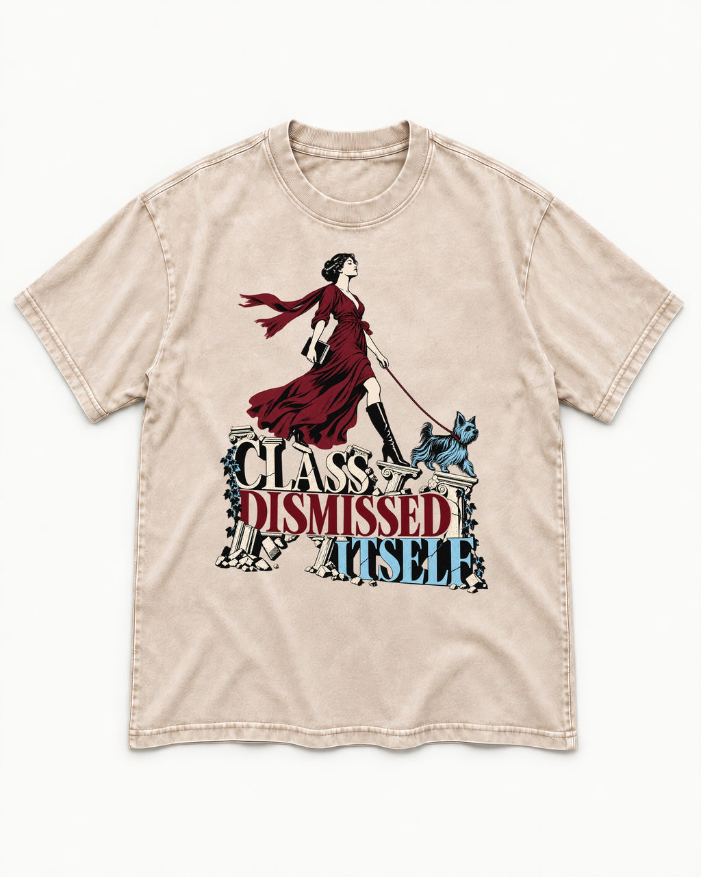 Class Dismissed Itself Yorkshire Terrier Washed Tee in Apricot, flat lay product photo