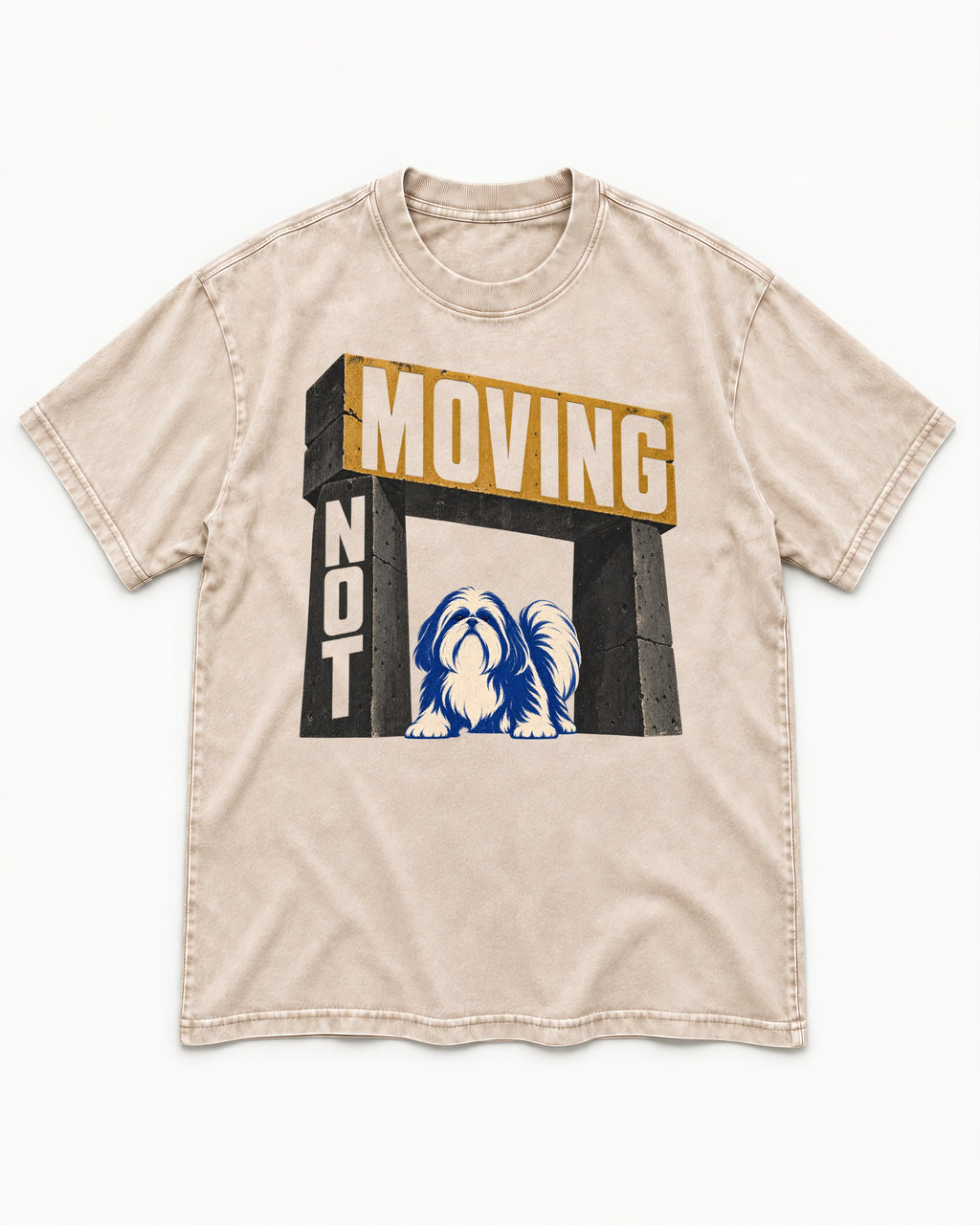 Not Moving Shih Tzu Washed Tee in Apricot, flat lay product photo