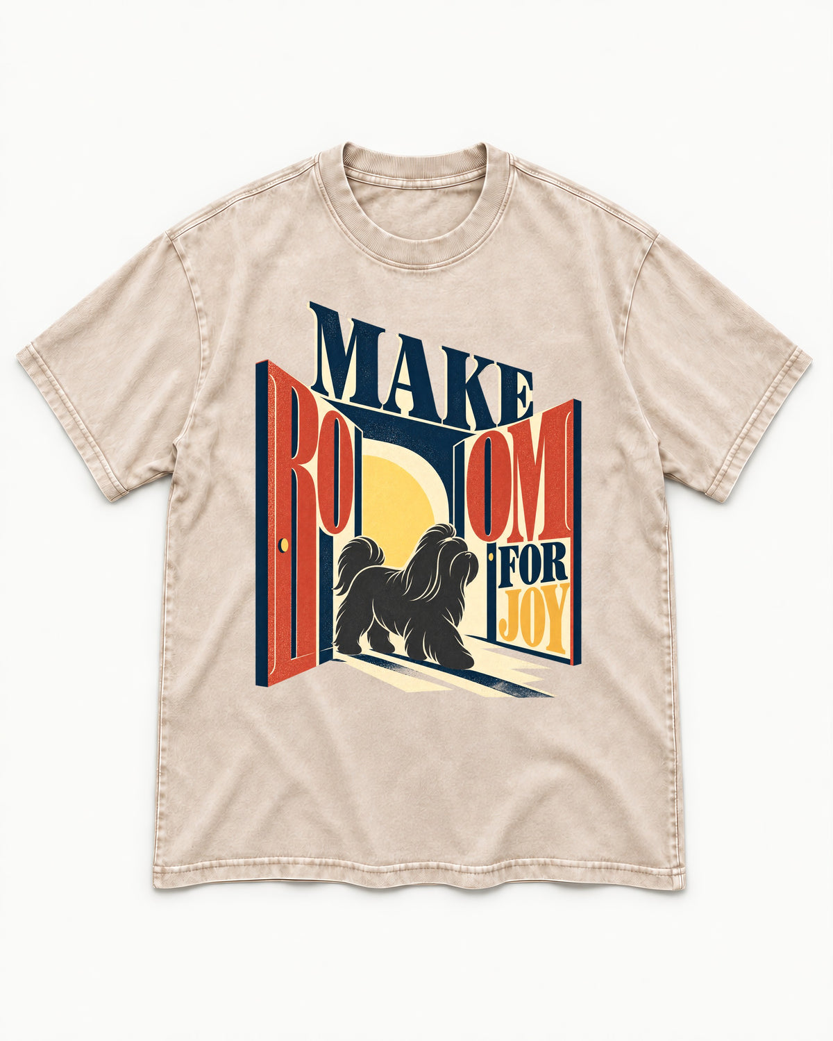 Shih Tzu Make Room for Joy Doorway Graphic Washed Tee in Apricot, flat lay product photo