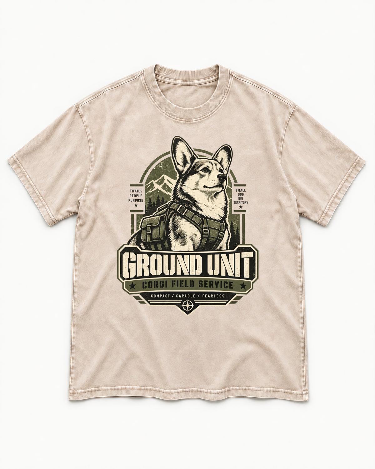 Corgi Ground Unit Field Service Badge Washed Tee in Apricot, flat lay product photo