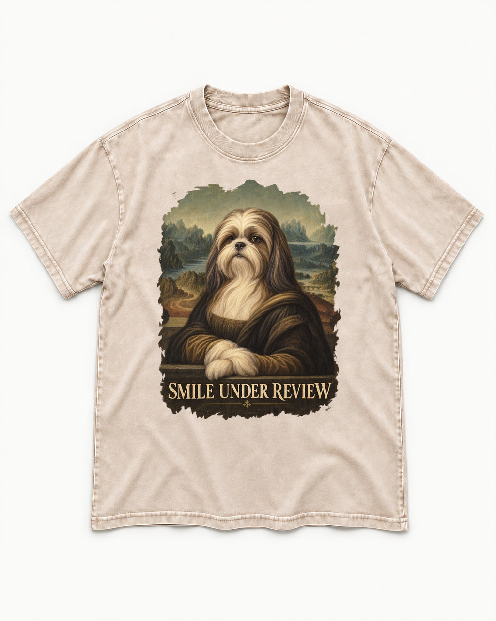 Shih Tzu Smile Under Review Old Master Portrait Graphic Washed Tee in Apricot, flat lay product photo