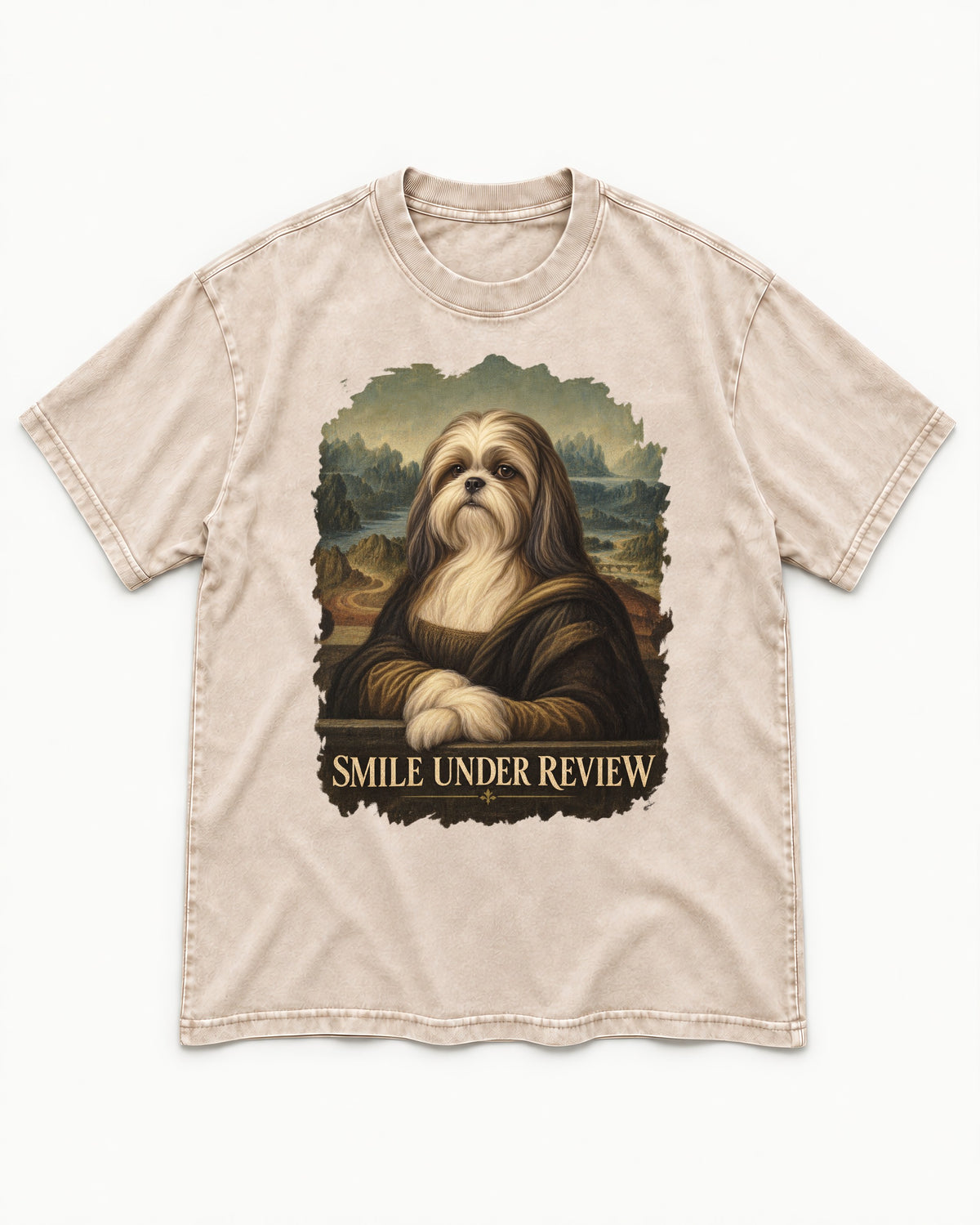 Shih Tzu Smile Under Review Old Master Portrait Graphic Washed Tee in Apricot, flat lay product photo