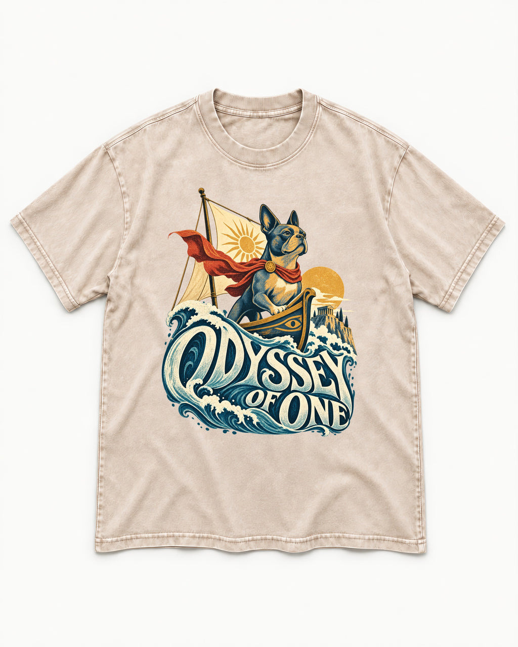 Boston Terrier Odyssey of One Washed Tee in Apricot, flat lay product photo