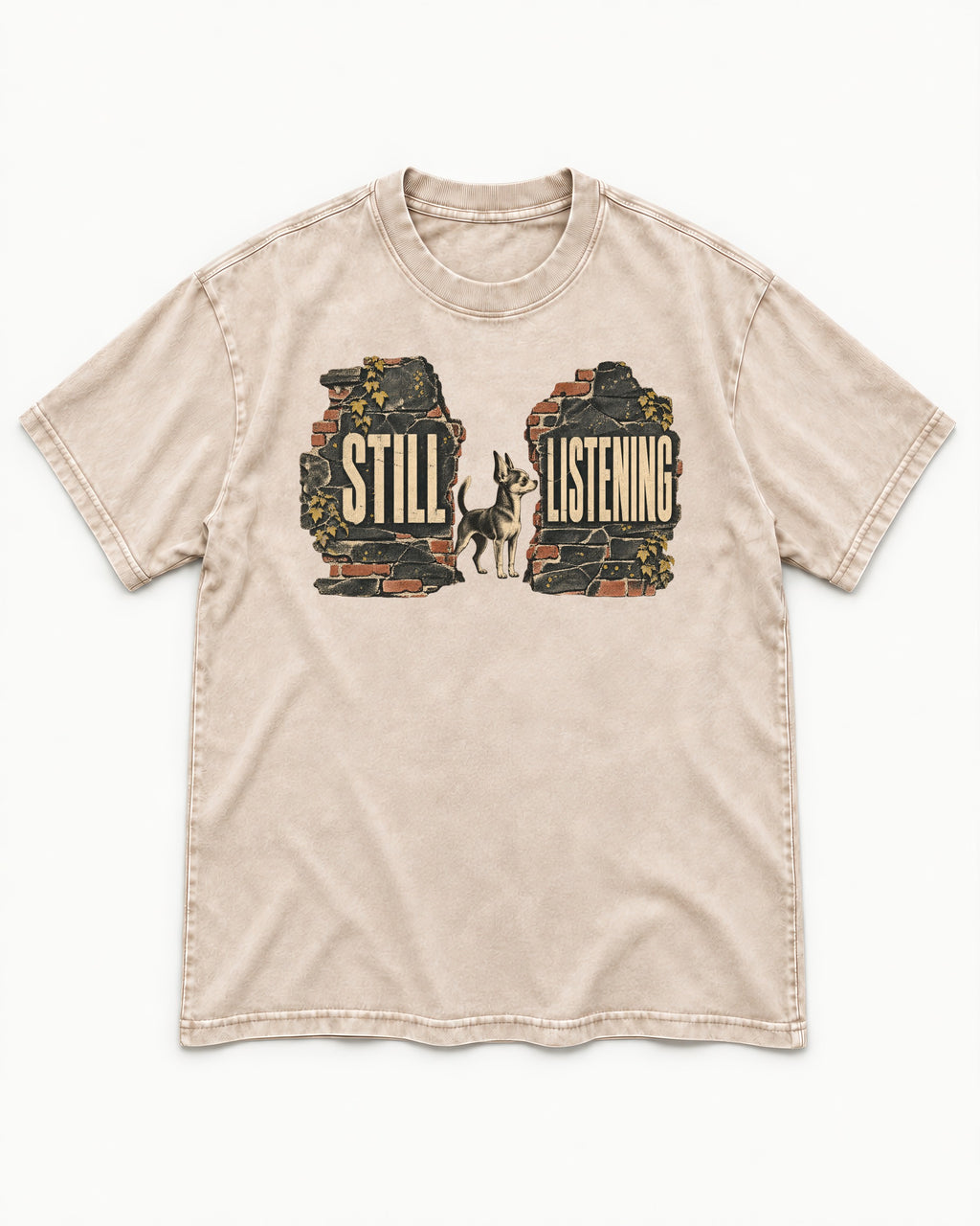 Chihuahua Still Listening Washed Tee in Apricot, flat lay product photo