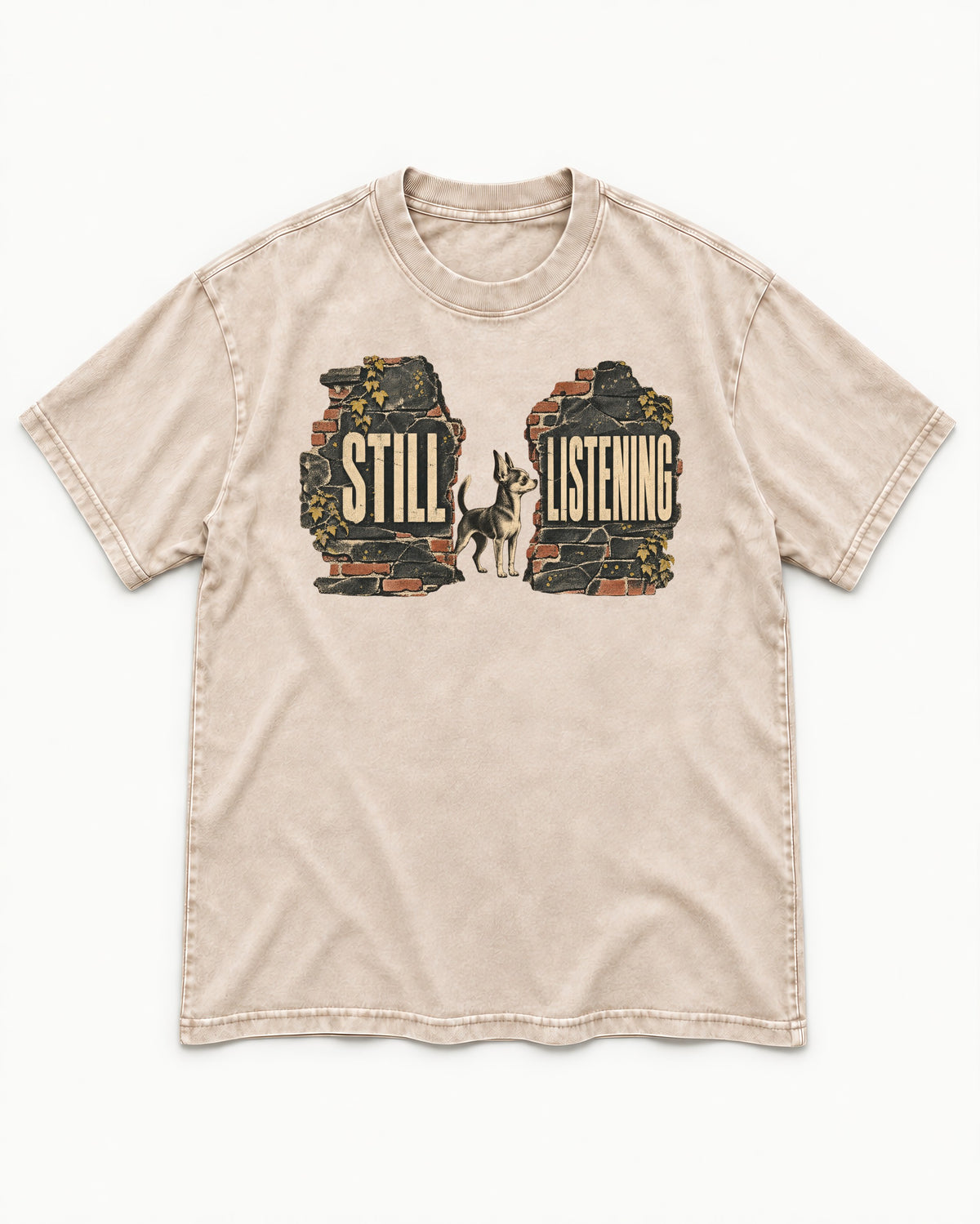 Chihuahua Still Listening Washed Tee in Apricot, flat lay product photo