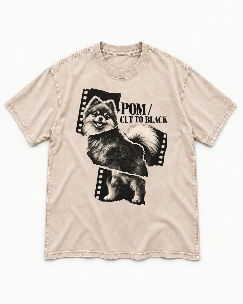 Pomeranian Cut to Black Washed Tee in Apricot, flat lay product photo