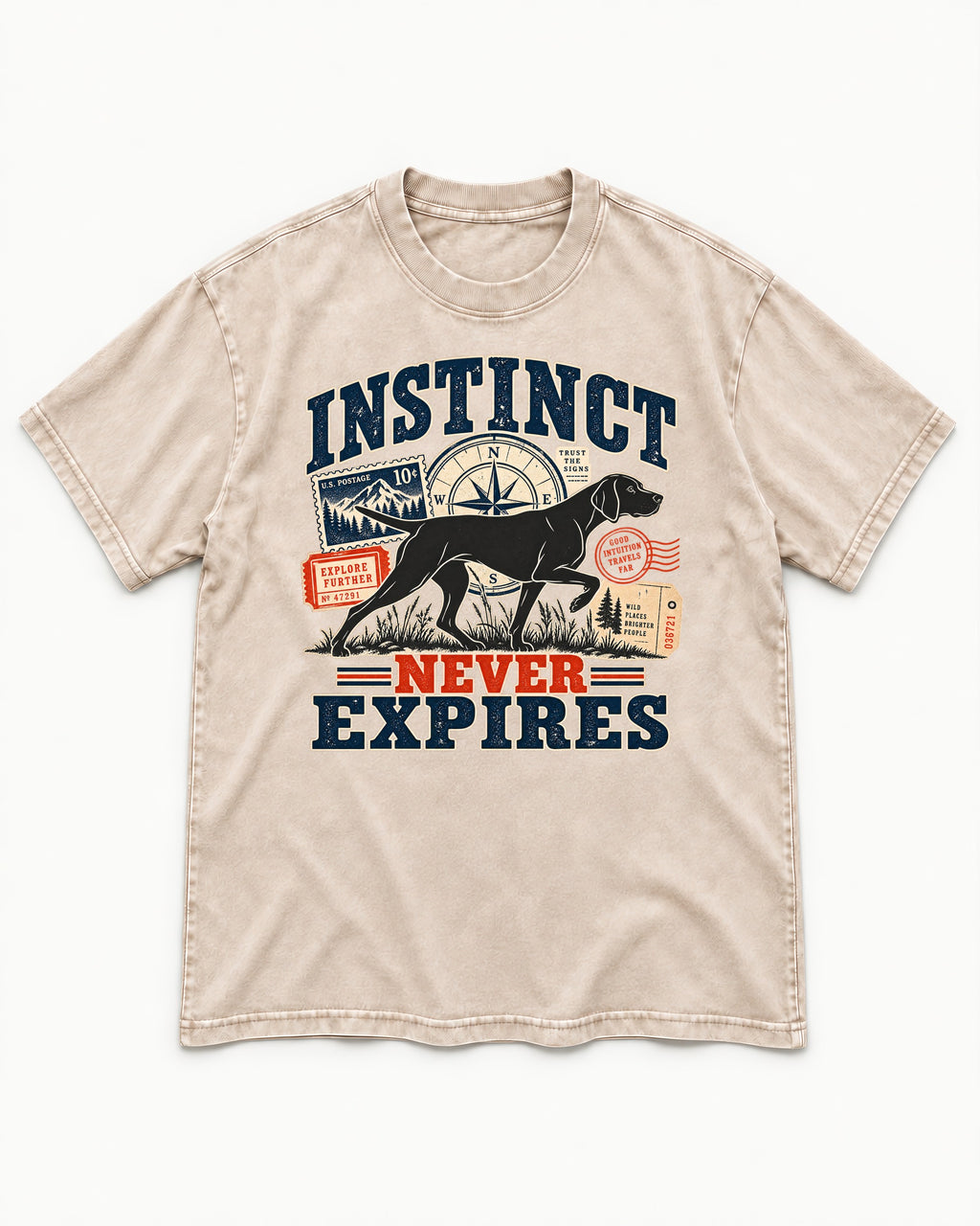 German Shorthaired Pointer Instinct Never Expires Washed Tee in Apricot, flat lay product photo