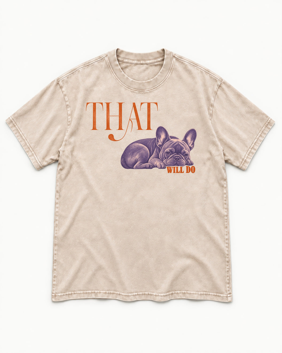Frenchie That Will Do Resting Graphic Washed Tee in Apricot, flat lay product photo