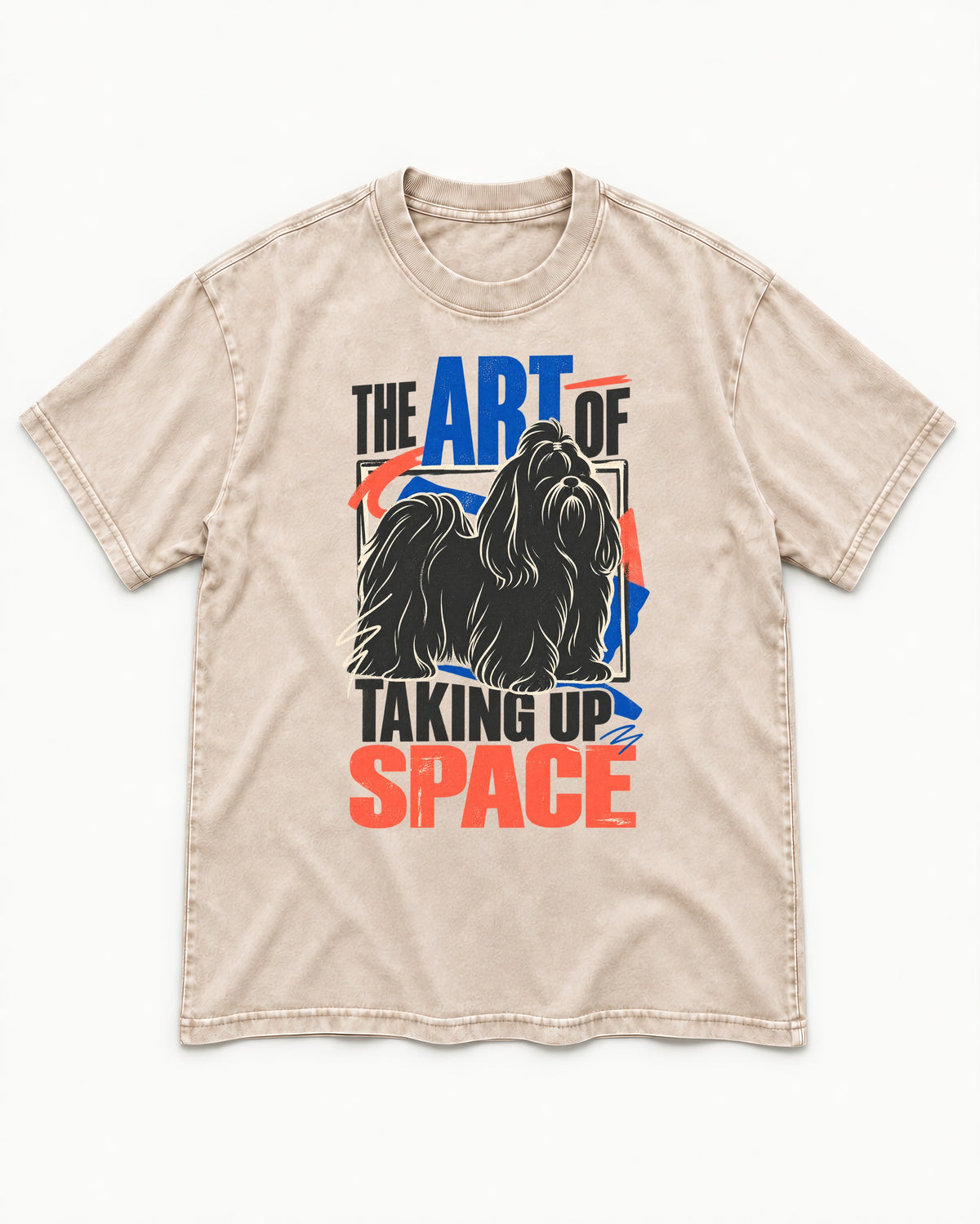 Shih Tzu Taking Up Space Washed Tee in Apricot, flat lay product photo