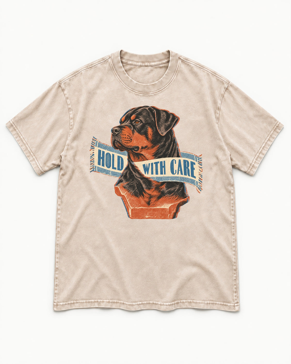 Rottweiler Hold with Care Washed Tee in Apricot, flat lay product photo