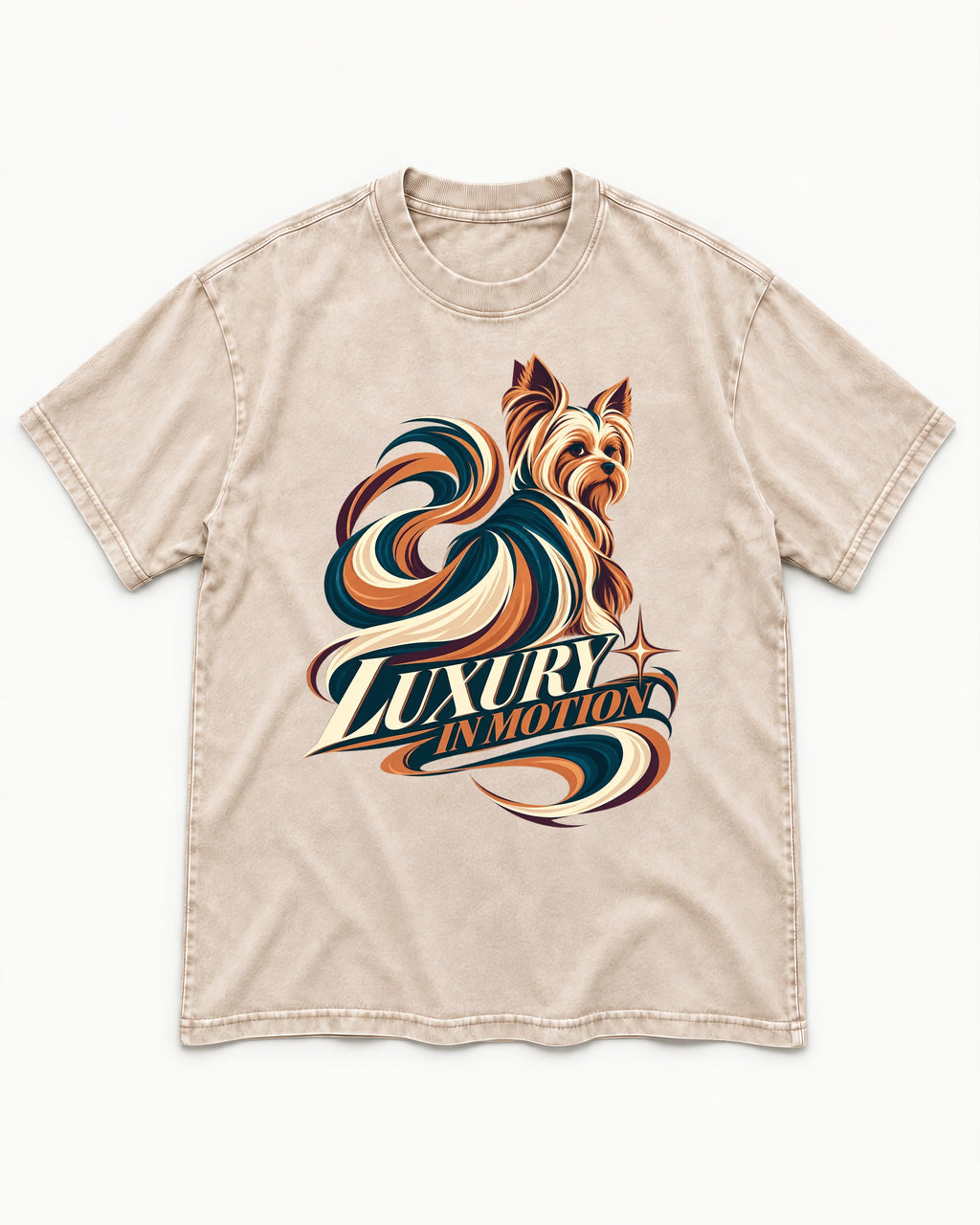 Yorkshire Terrier Luxury in Motion Washed Tee in Apricot, flat lay product photo
