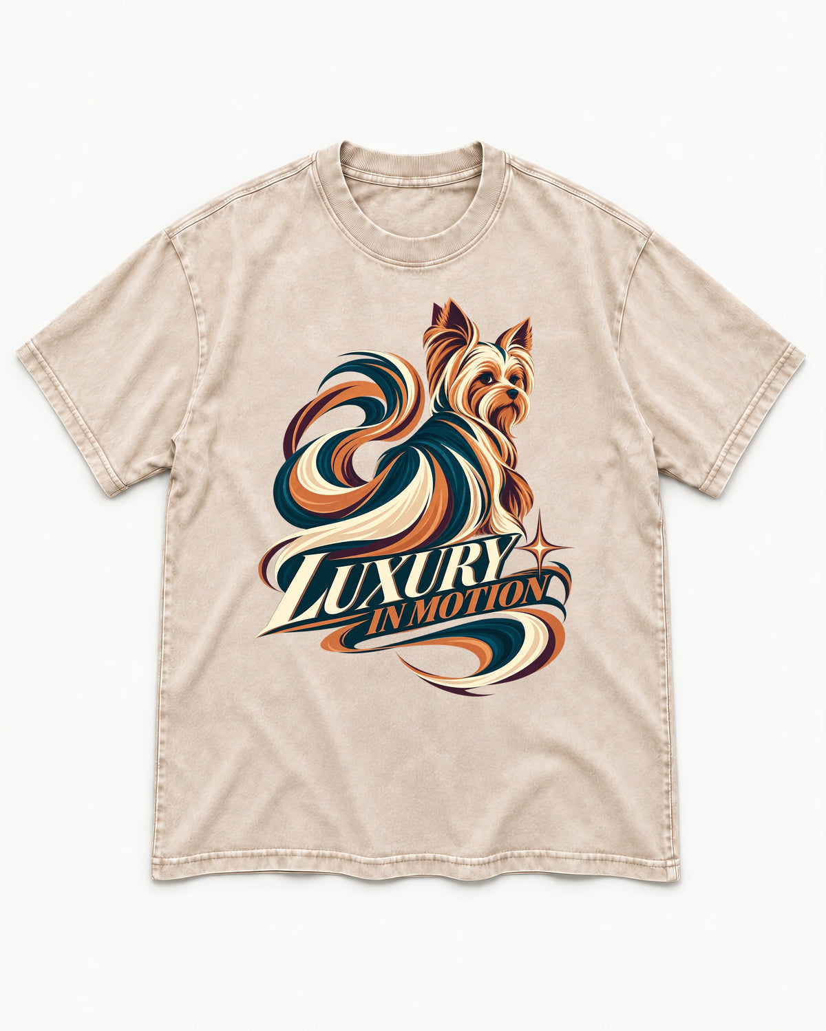 Yorkshire Terrier Luxury in Motion Washed Tee in Apricot, flat lay product photo