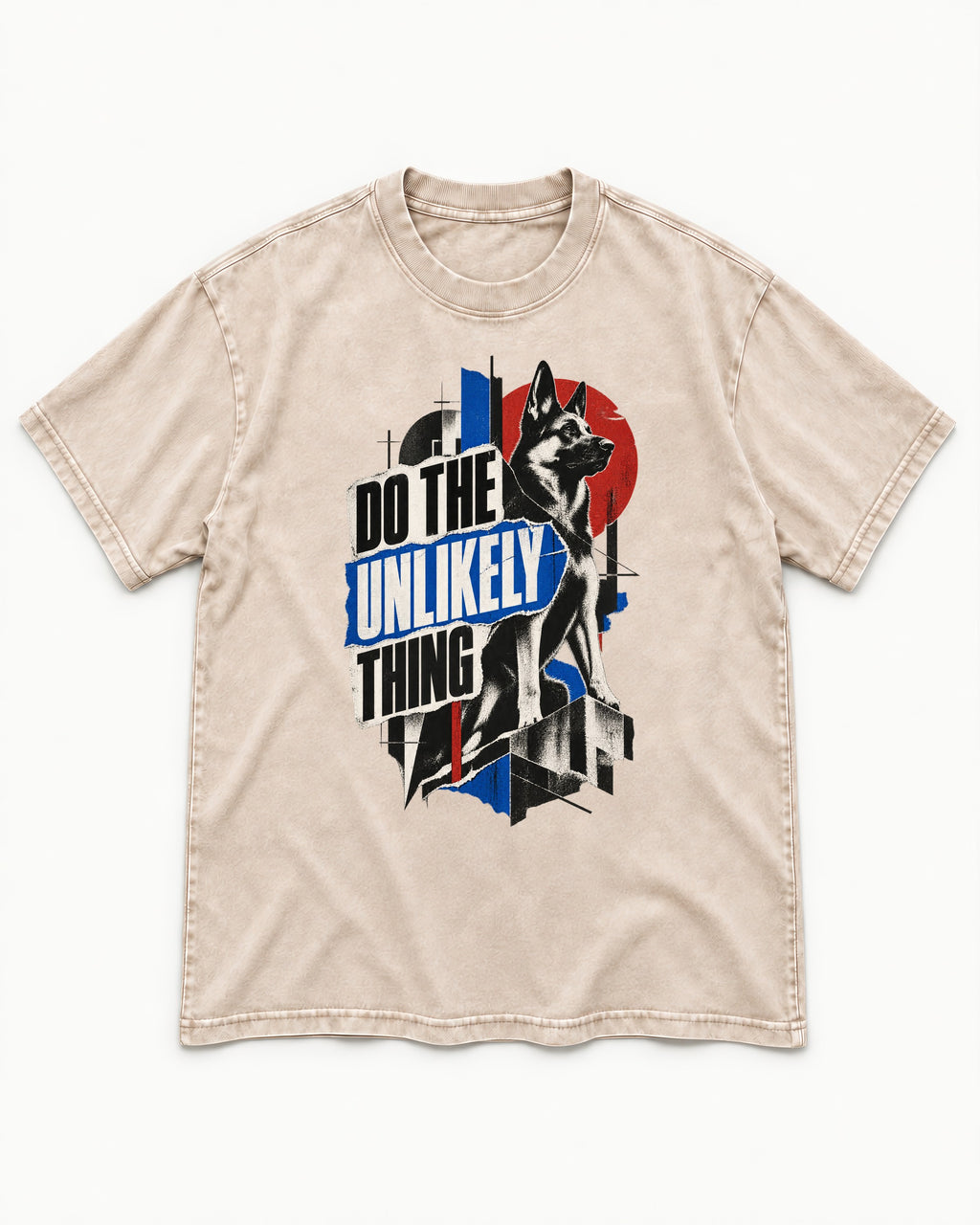 Do The Unlikely Thing Torn Poster German Shepherd Dog Graphic Washed Tee in Apricot, flat lay product photo
