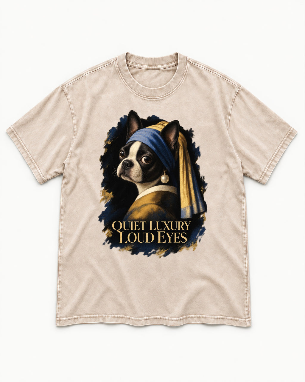 Quiet Luxury Loud Eyes Boston Terrier Pearl Portrait Washed Tee in Apricot, flat lay product photo