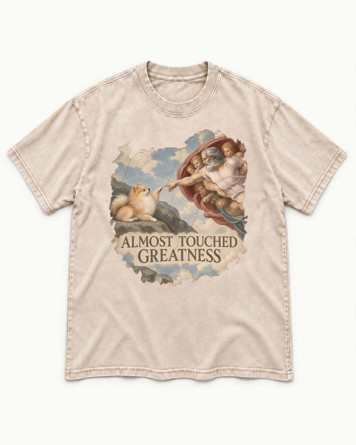 Pomeranian Almost Touched Greatness Fresco Graphic Washed Tee in Apricot, flat lay product photo