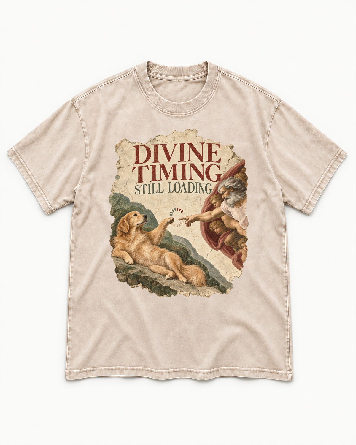 Divine Timing Still Loading Creation Scene Golden Retriever Graphic Washed Tee in Apricot, flat lay product photo