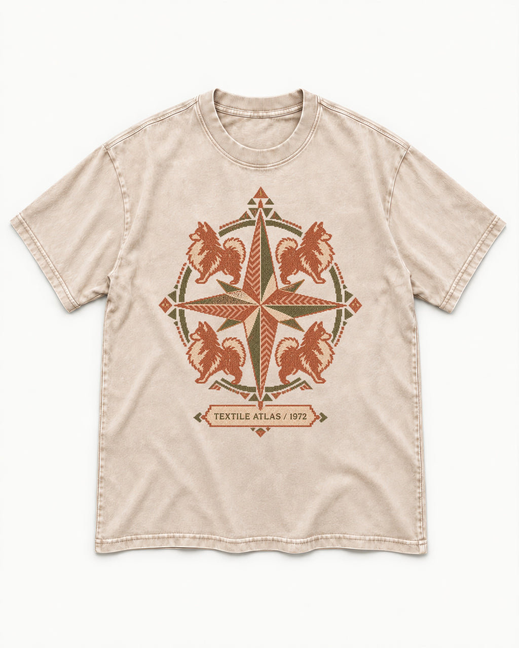 Pomeranian Textile Atlas Compass Rose Graphic Washed Tee in Apricot, flat lay product photo