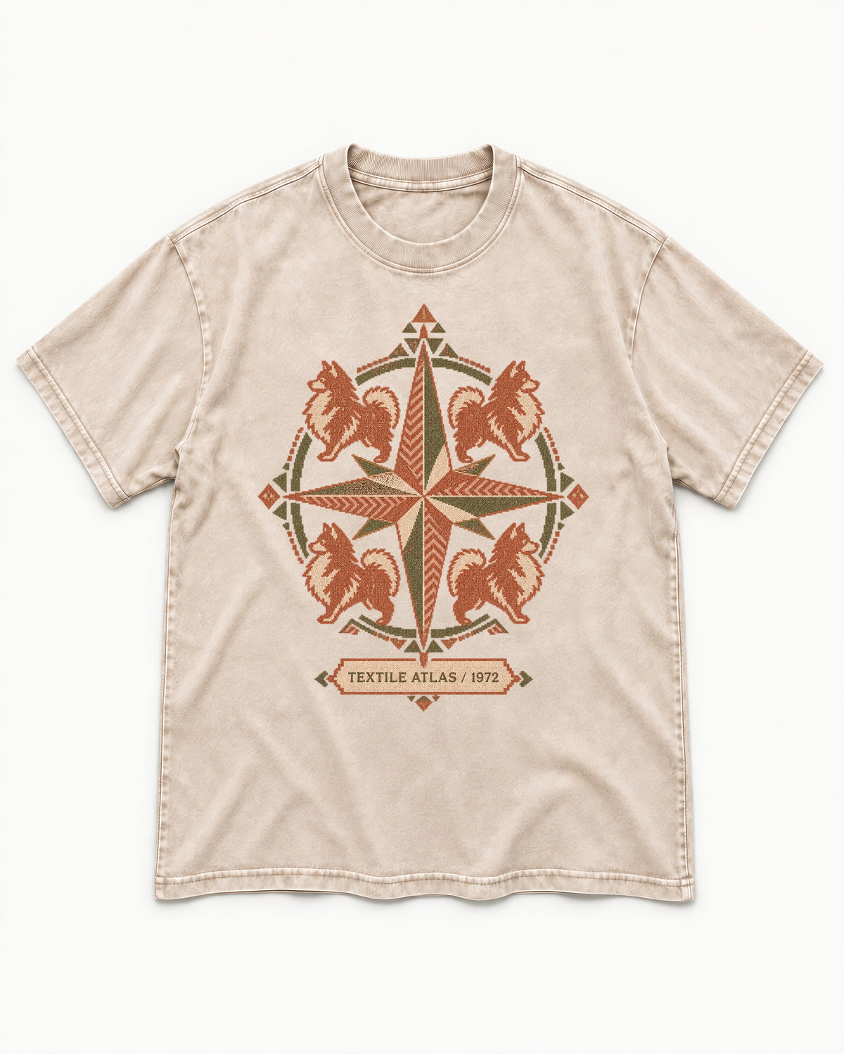 Pomeranian Textile Atlas Compass Rose Graphic Washed Tee in Apricot, flat lay product photo