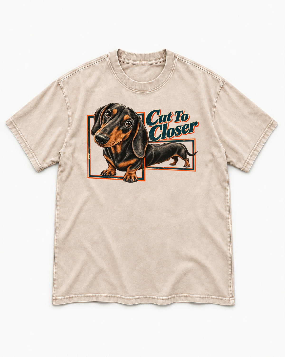 Dachshund Cut to Closer Washed Tee in Apricot, flat lay product photo