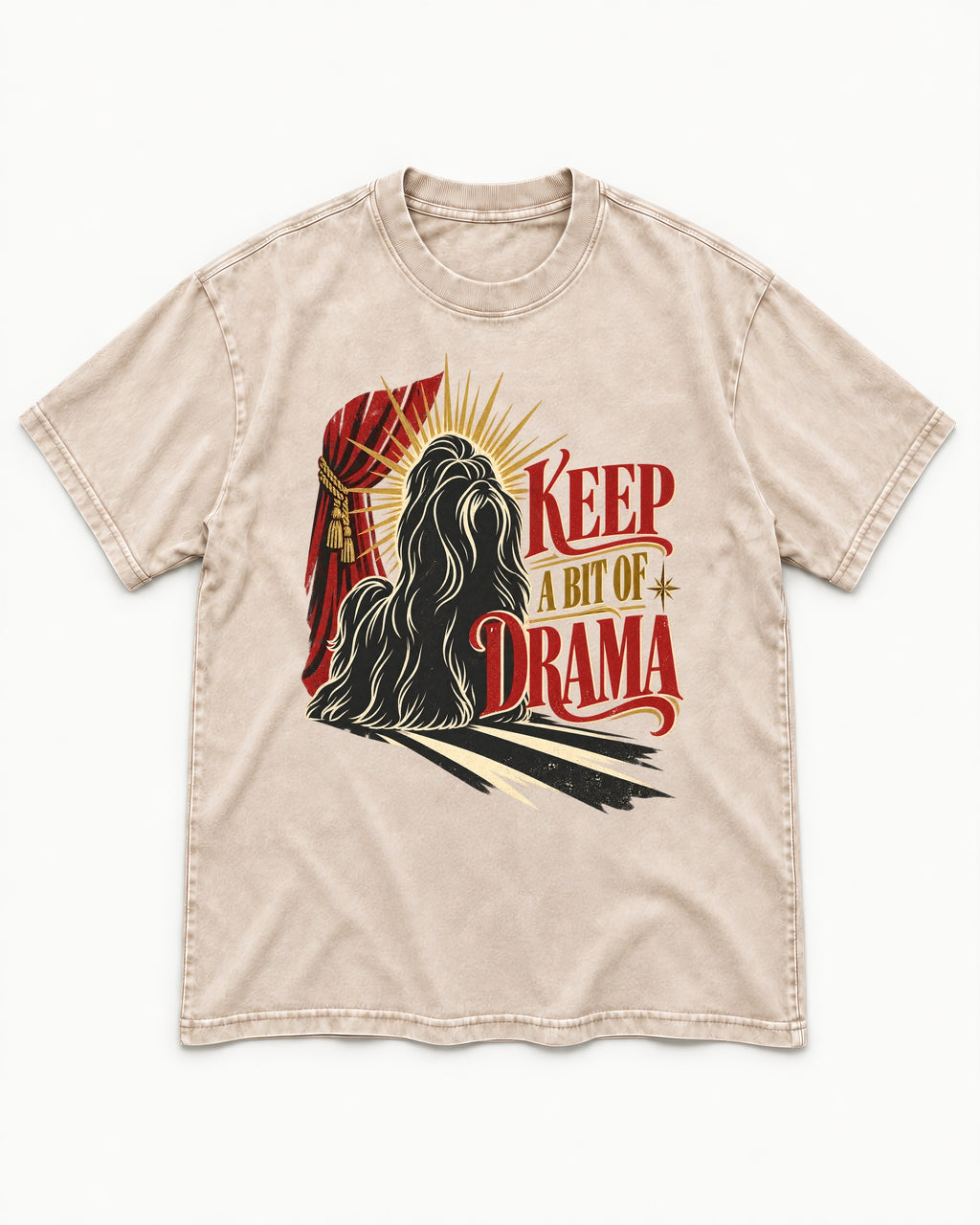 Shih Tzu Keep a Bit of Drama Theater Graphic Washed Tee in Apricot, flat lay product photo