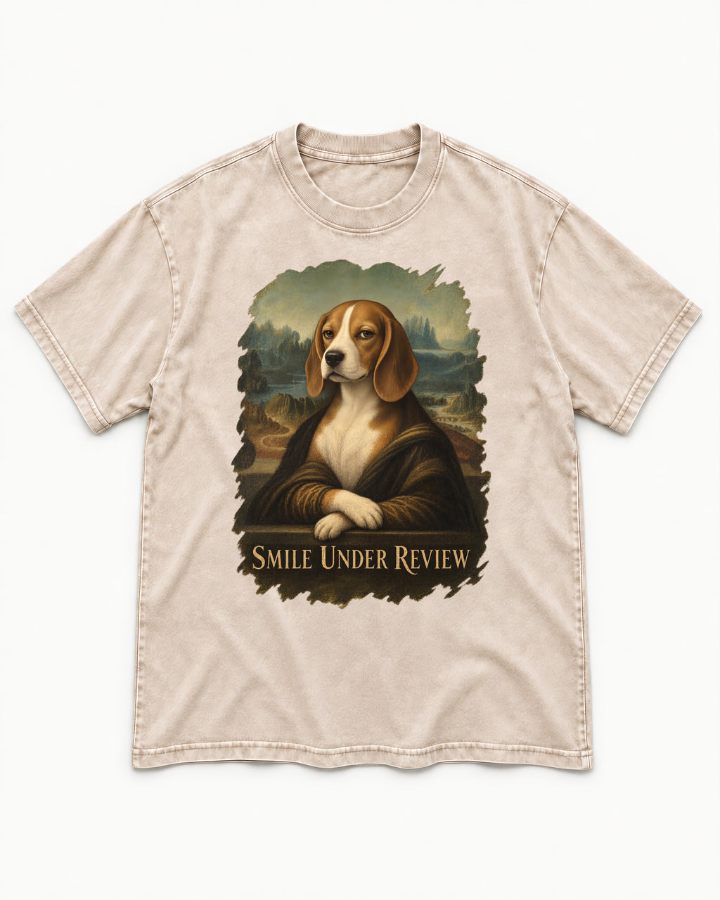 Smile Under Review Beagle Portrait Washed Tee in Apricot, flat lay product photo
