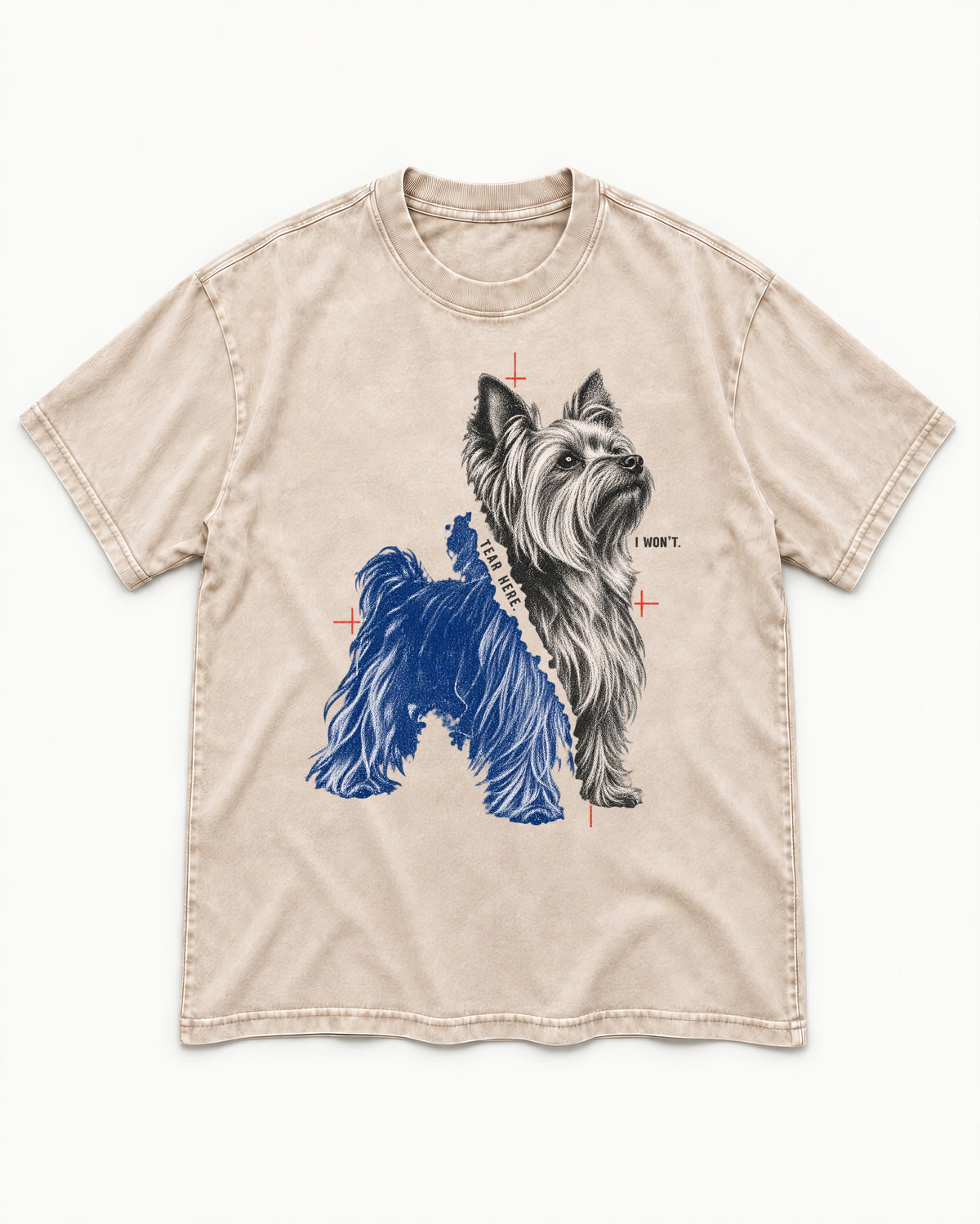 Yorkshire Terrier I Won't Tear Here Washed Tee in Apricot, flat lay product photo