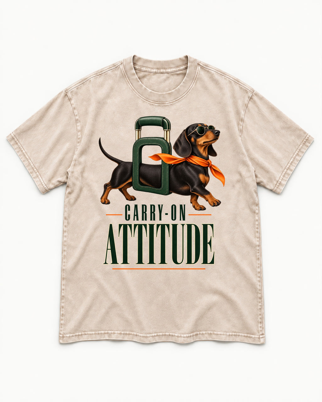 Dachshund Carry on Attitude Washed Tee in Apricot, flat lay product photo