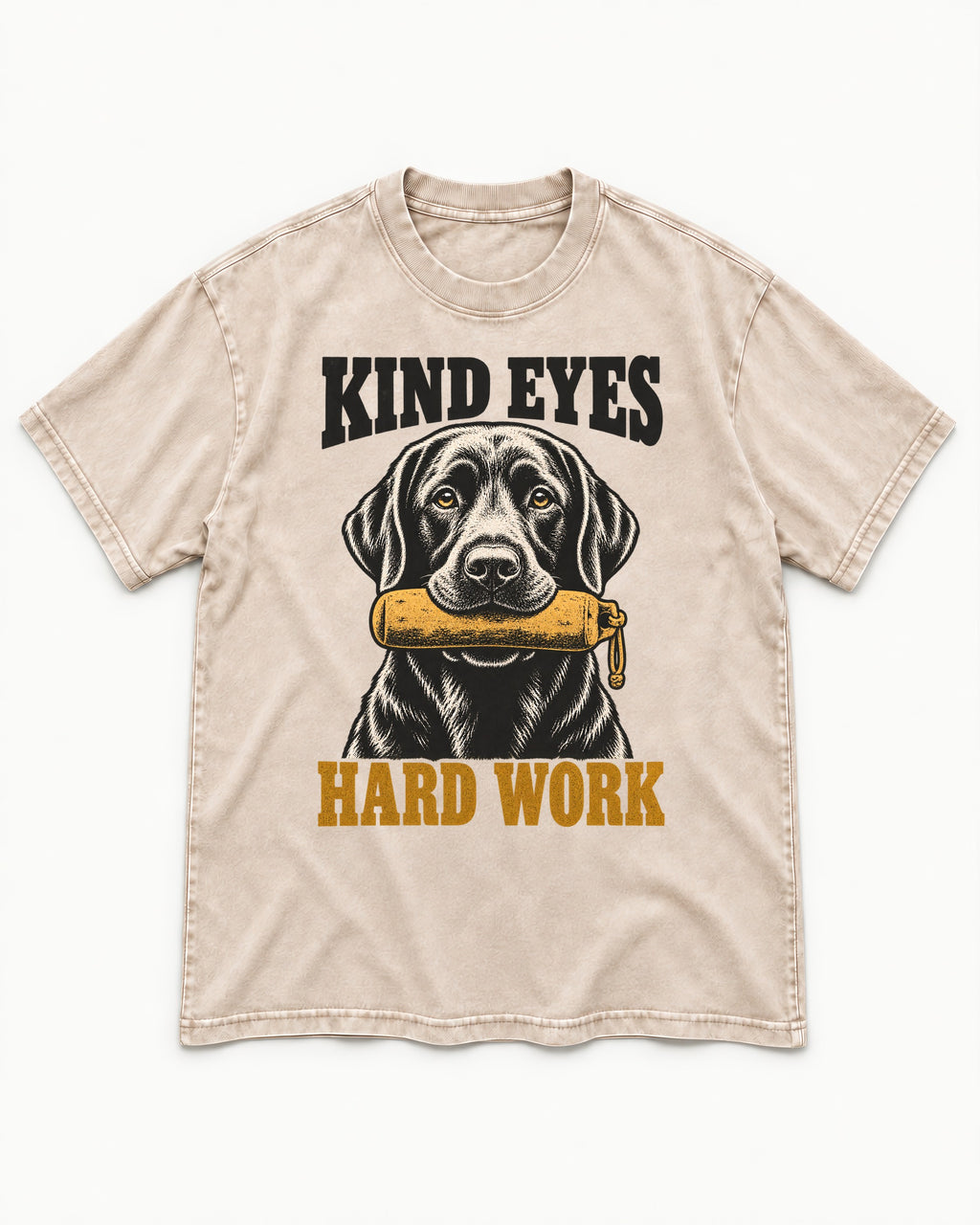 Kind Eyes Hard Work Labrador Retriever Washed Tee in Apricot, flat lay product photo