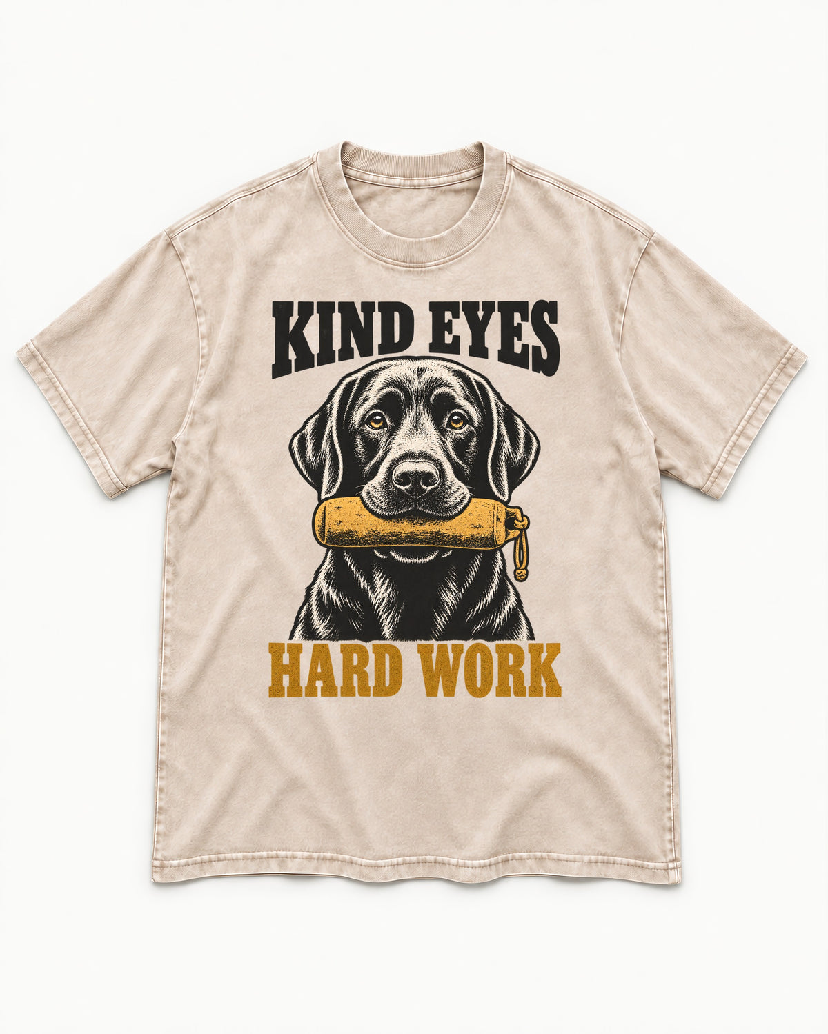 Kind Eyes Hard Work Labrador Retriever Washed Tee in Apricot, flat lay product photo