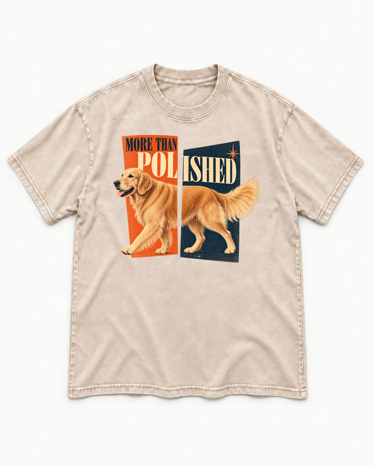 Golden Retriever More Than Polished Split Panel Graphic Washed Tee in Apricot, flat lay product photo