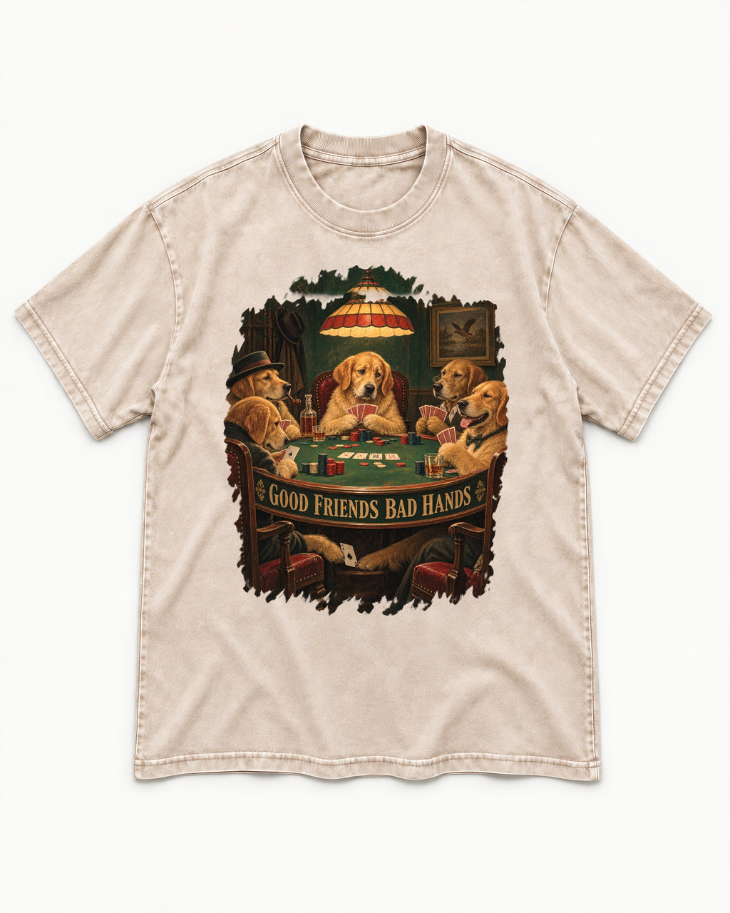 Good Friends Bad Hands Poker Golden Retriever Graphic Washed Tee in Apricot, flat lay product photo