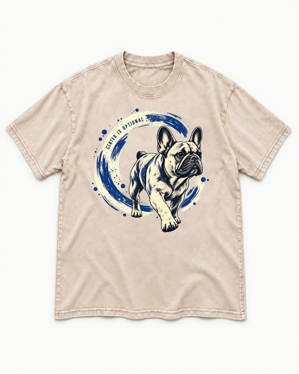 Frenchie Center Is Optional Brush Circle Graphic Washed Tee in Apricot, flat lay product photo