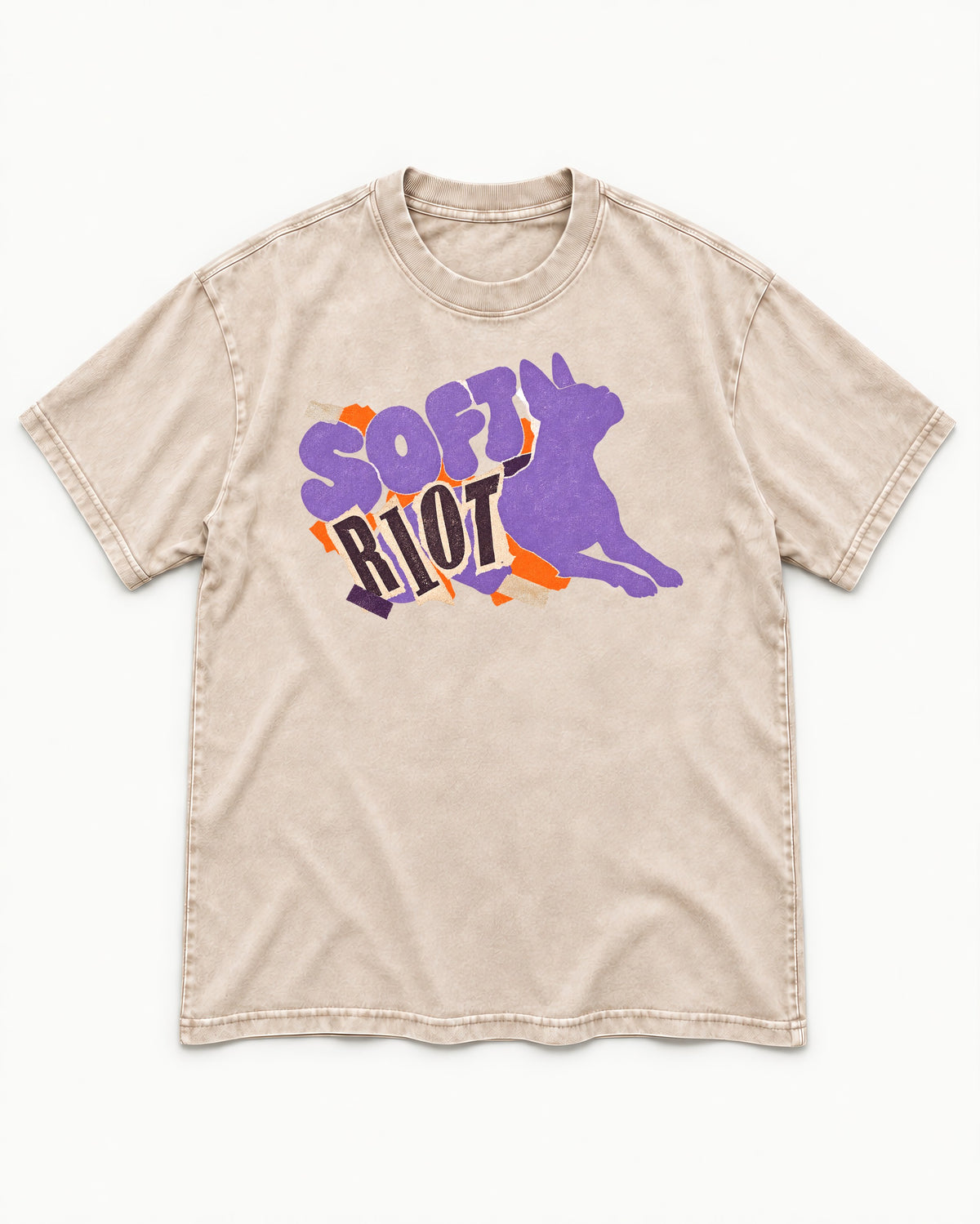 Soft Riot Boston Terrier Graphic Washed Tee in Apricot, flat lay product photo
