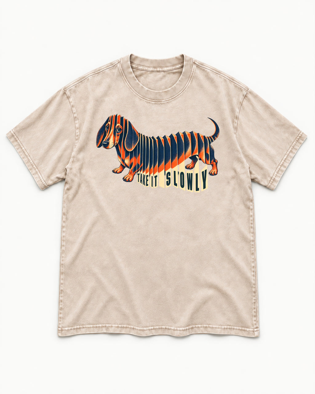 Take It Slowly Dachshund Washed Tee in Apricot, flat lay product photo