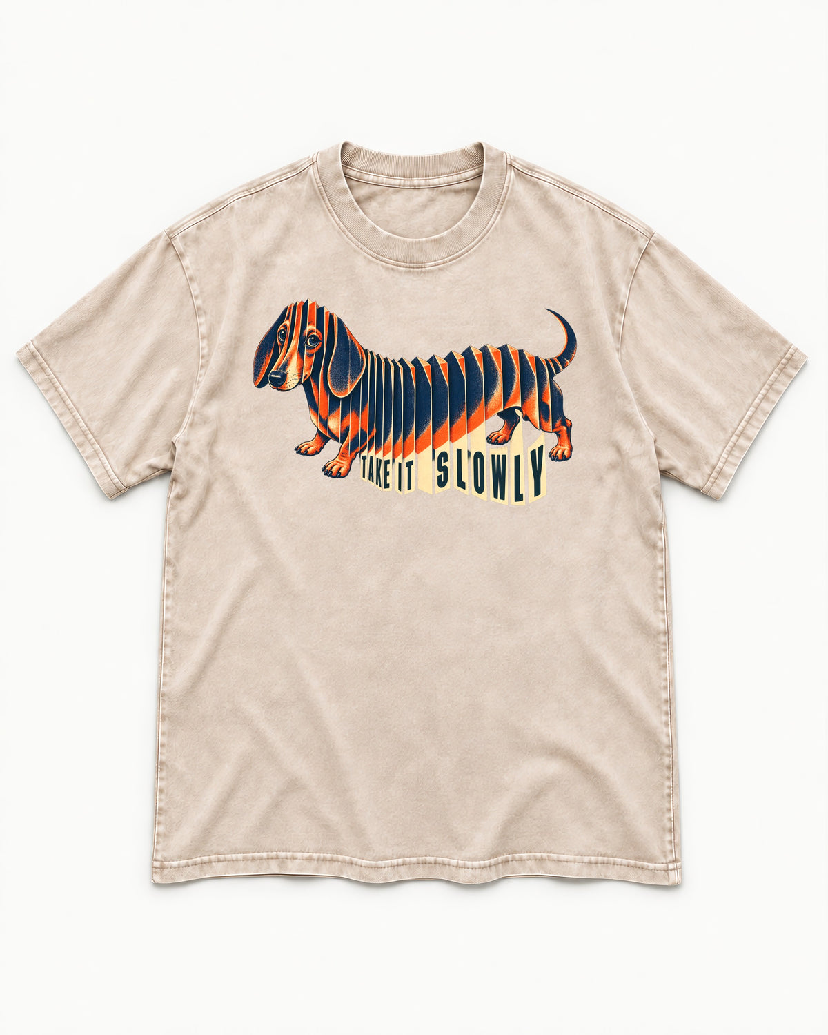 Take It Slowly Dachshund Washed Tee in Apricot, flat lay product photo