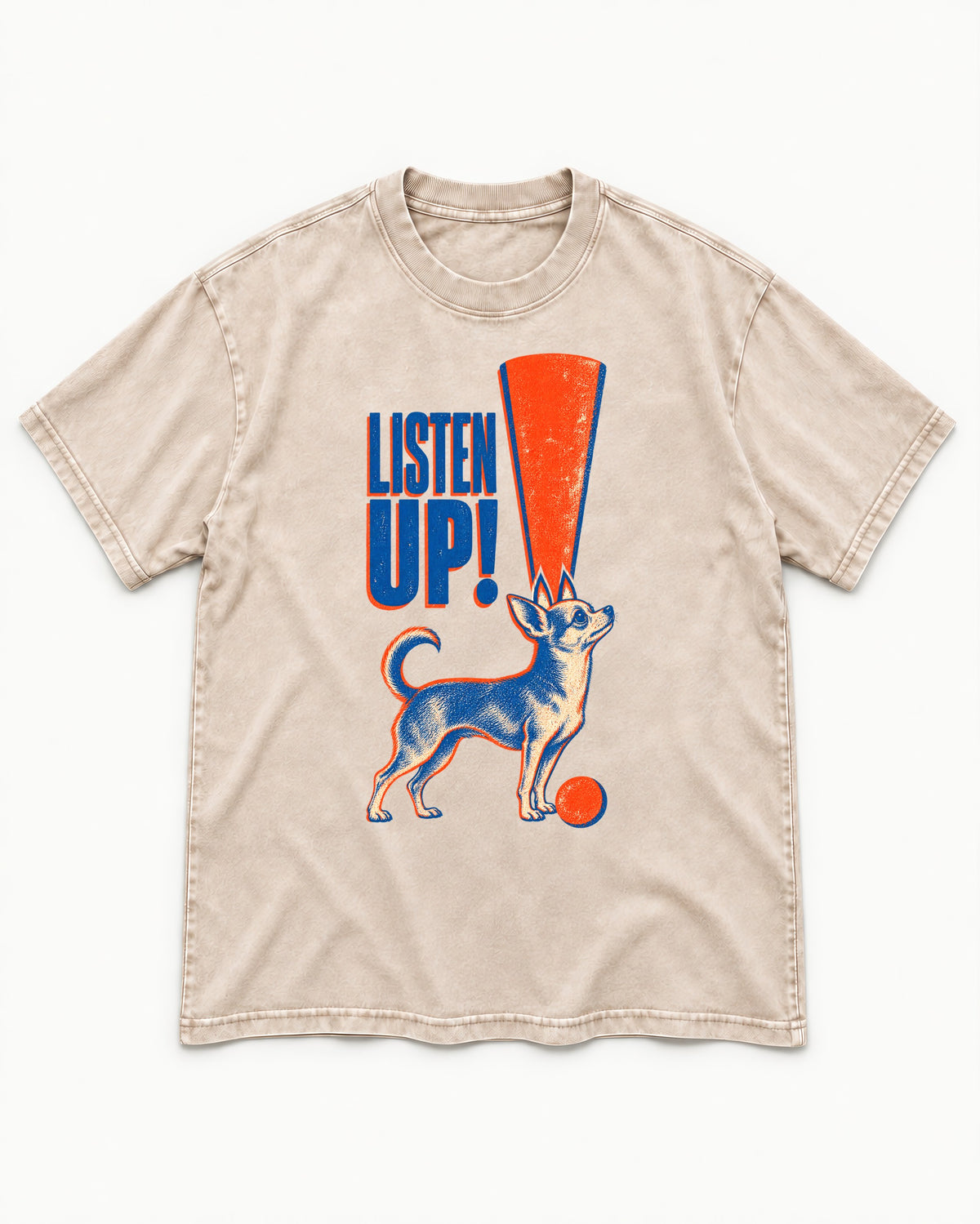 Listen Up Chihuahua Washed Tee in Apricot, flat lay product photo