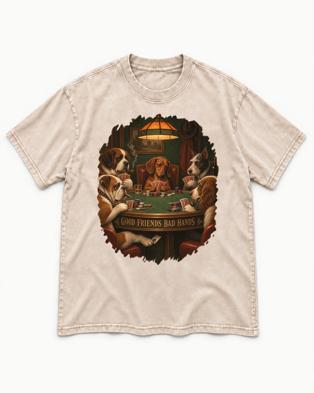 Dachshund Good Friends Bad Hands Poker Scene Washed Tee in Apricot, flat lay product photo