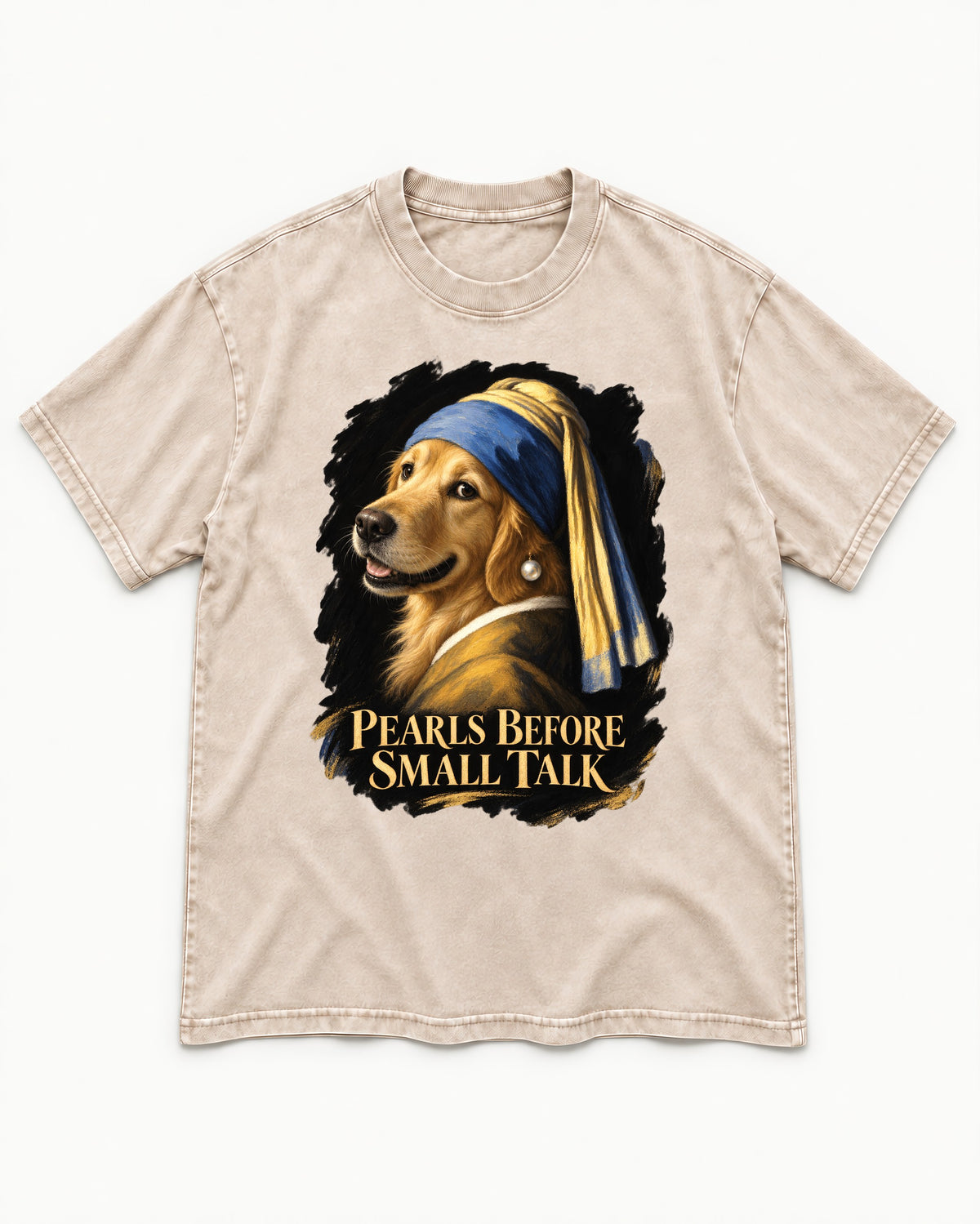 Pearls Before Small Talk Pearl Portrait Golden Retriever Graphic Washed Tee in Apricot, flat lay product photo