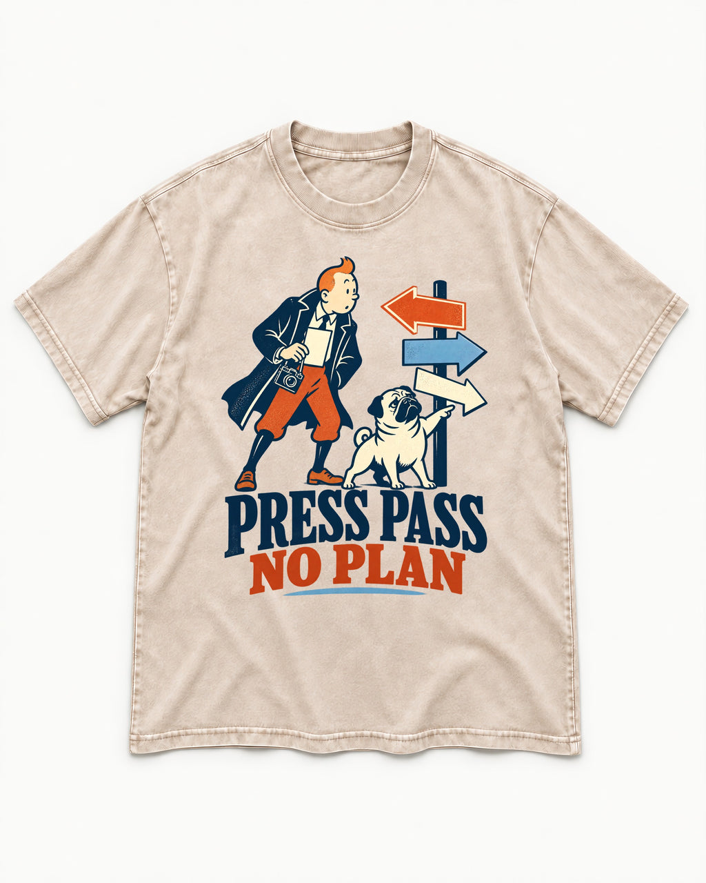 Pug Press Pass No Plan Washed Tee in Apricot, flat lay product photo