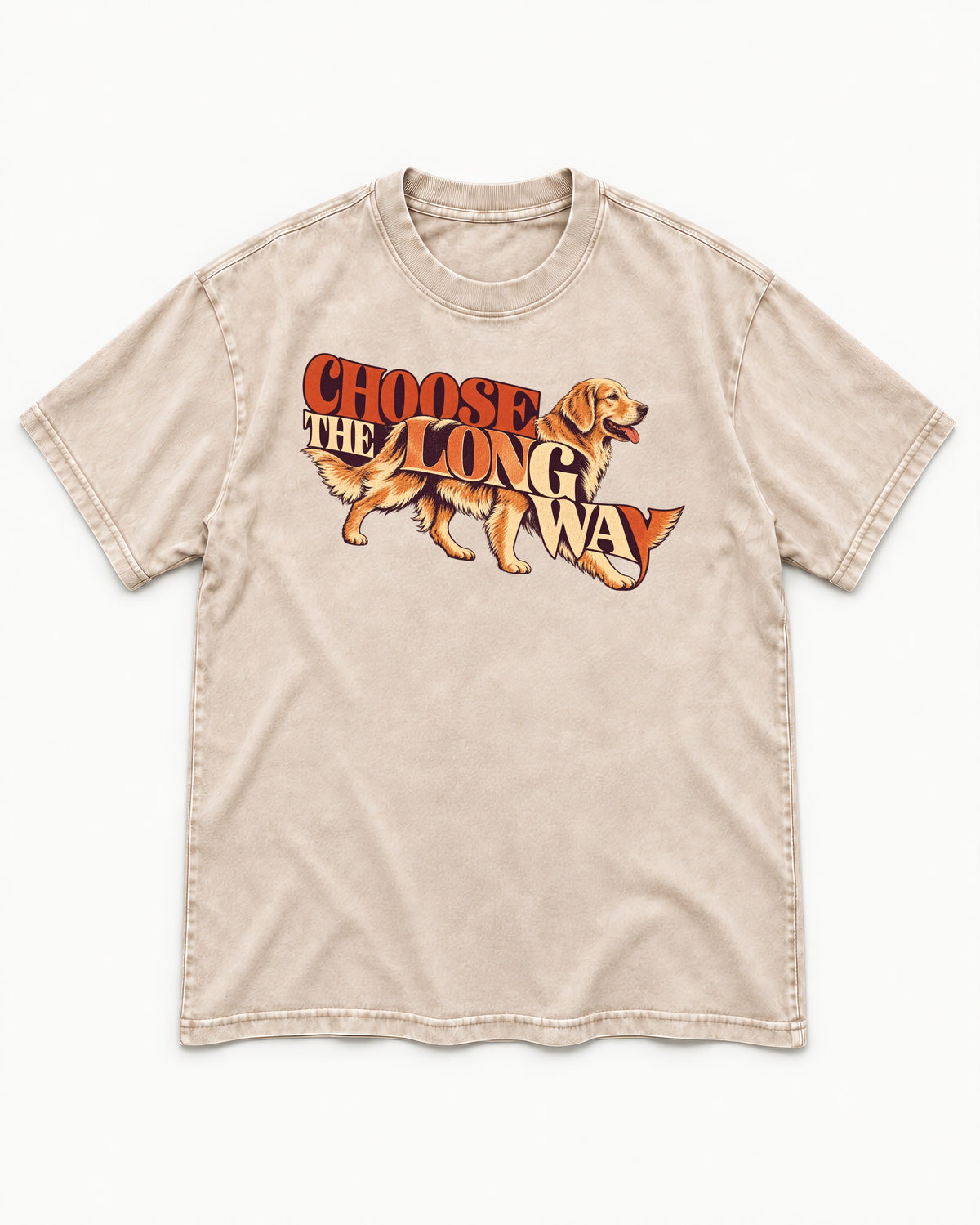 Golden Retriever Choose The Long Way Retro Graphic Washed Tee in Apricot, flat lay product photo