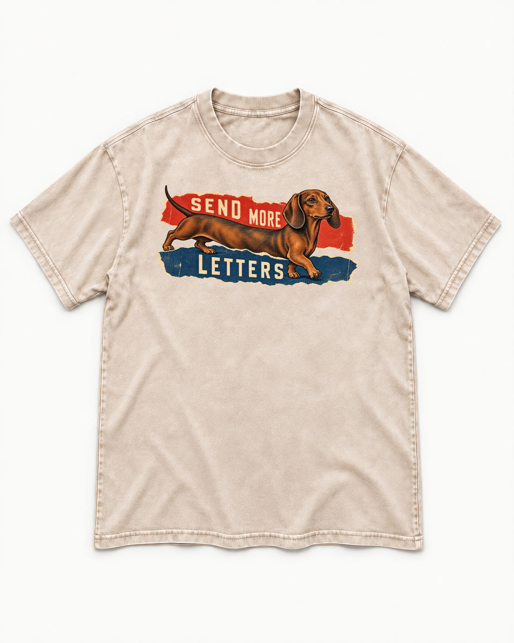 Dachshund Send More Letters Torn Paper Graphic Washed Tee in Apricot, flat lay product photo