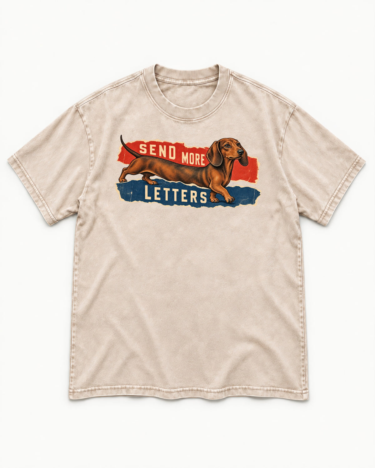 Dachshund Send More Letters Torn Paper Graphic Washed Tee in Apricot, flat lay product photo