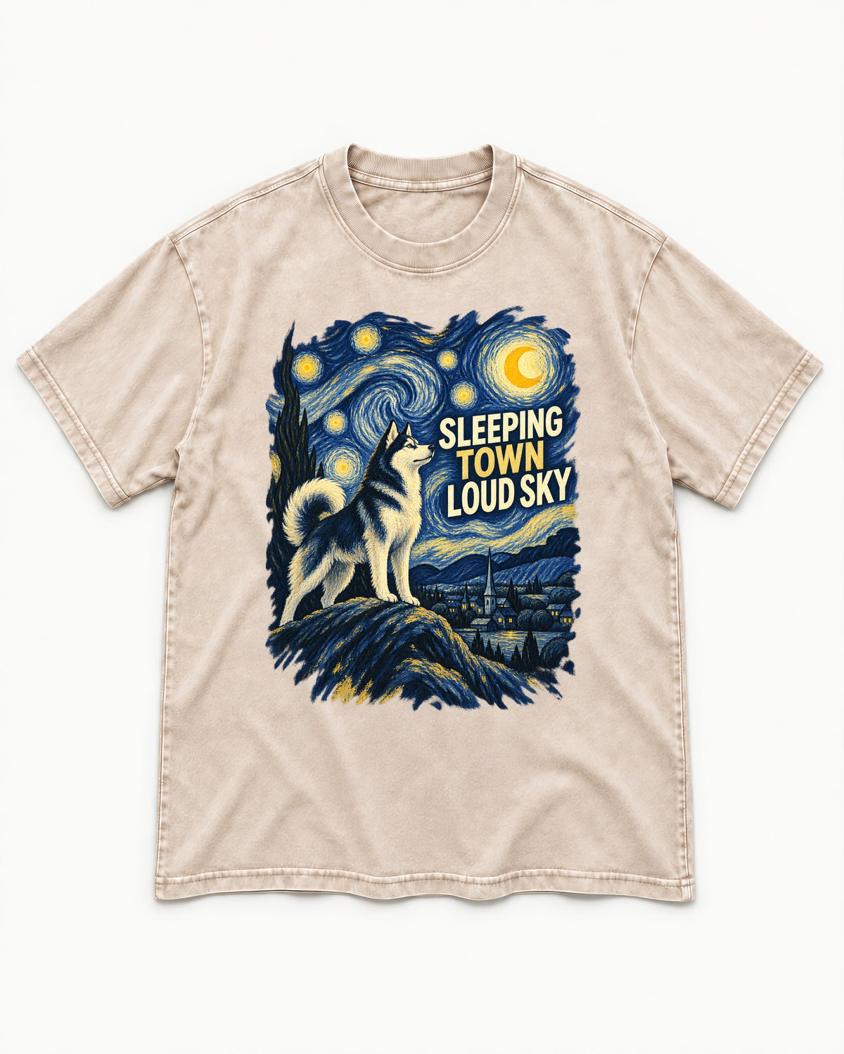 Husky Sleeping Town Loud Sky Starry Night Graphic Washed Tee in Apricot, flat lay product photo