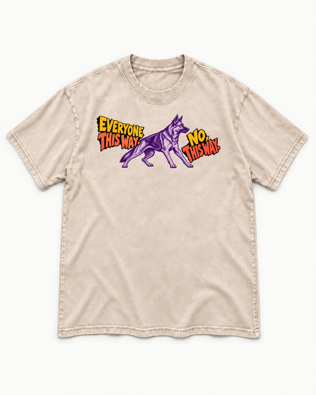 German Shepherd Dog Everyone This Way No This Way Direction Graphic Washed Tee in Apricot, flat lay product photo