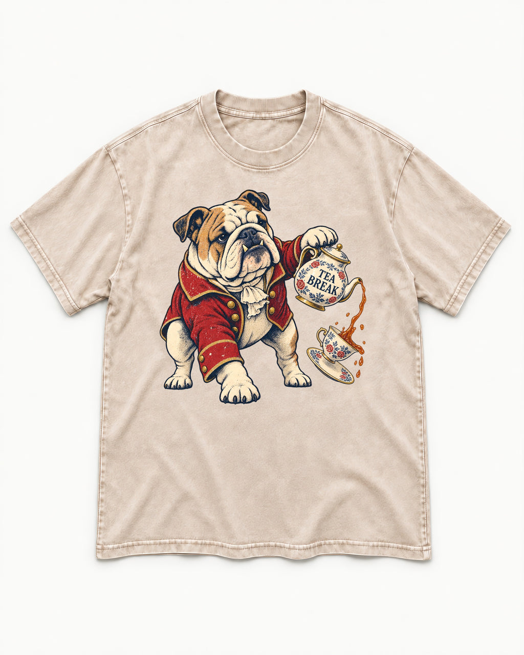 English Bulldog Tea Break Washed Tee in Apricot, flat lay product photo